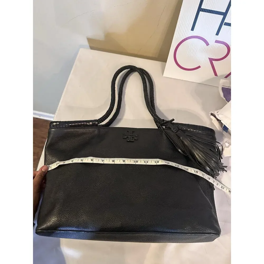 Tory Burch Tote Bag Womens Large Black Leather Shoulder Tassel Braided
